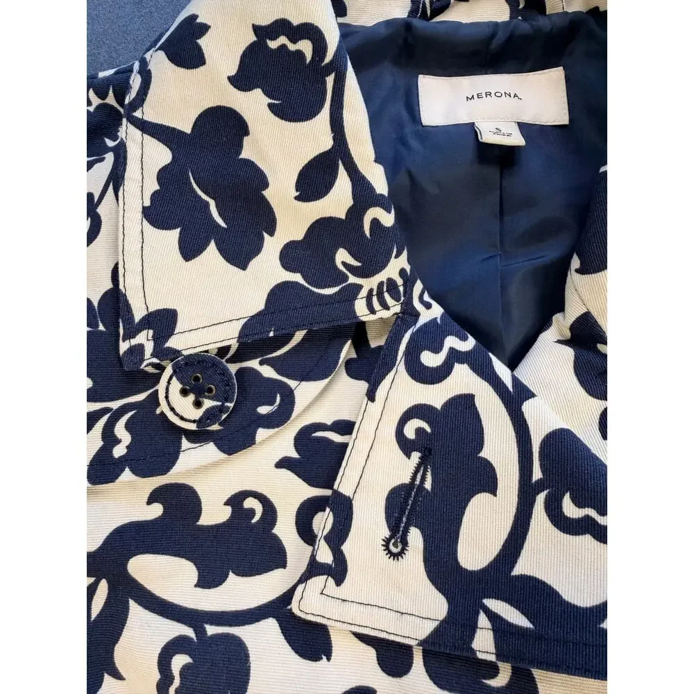 Merona Trench Coat/Jacket Blue Floral with Belt/Double Buttons / Women's S - Picture 7 of 11